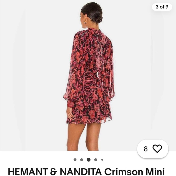 Hemant & Nandita Crimson mini floral v neck front bow dress SMALL - Picture 6 of 15